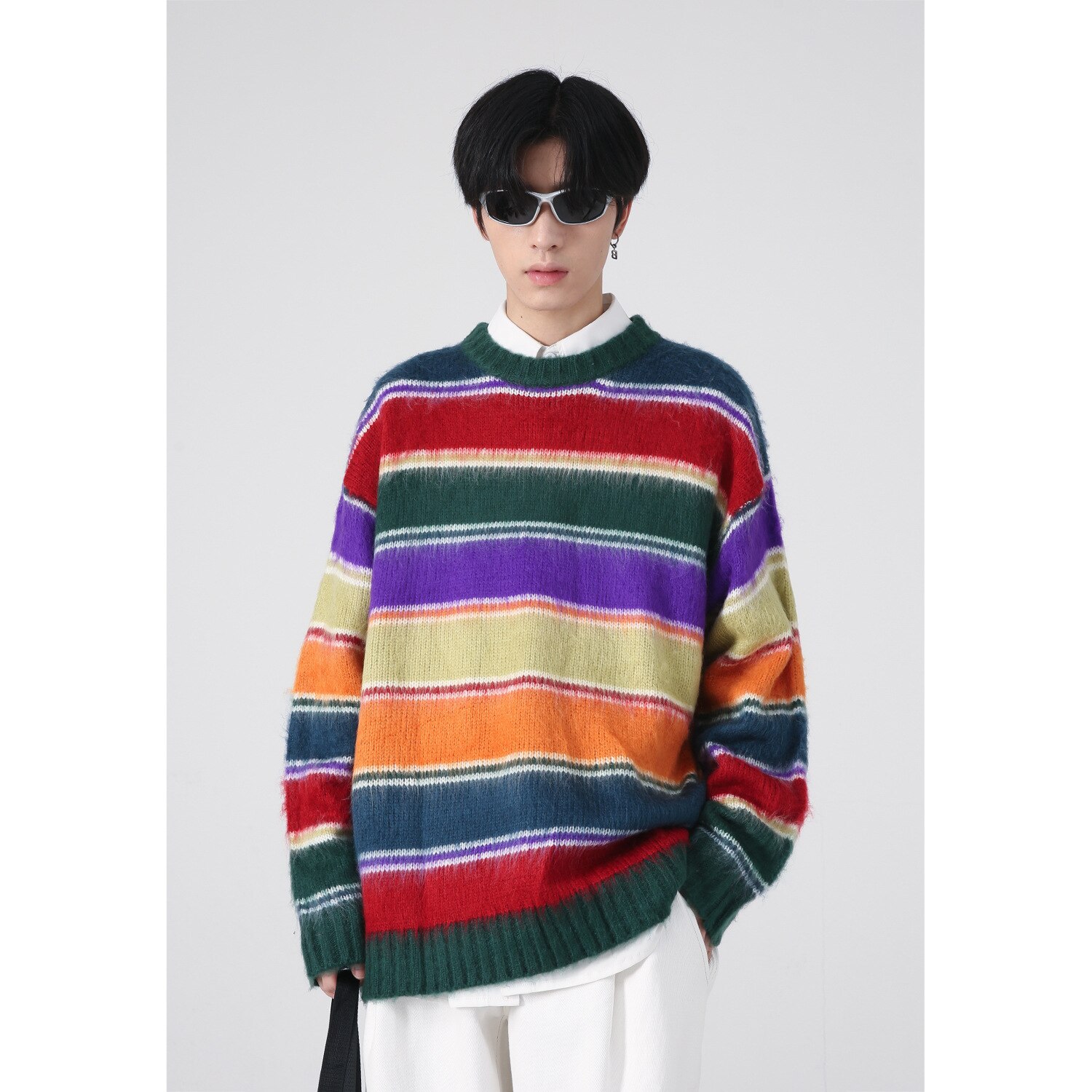 Men Women Korean Streetwear Fashion Colors Stripe Loose Casual Vintage Pullover Sweater Male Hip Hop Knitwear Sweate